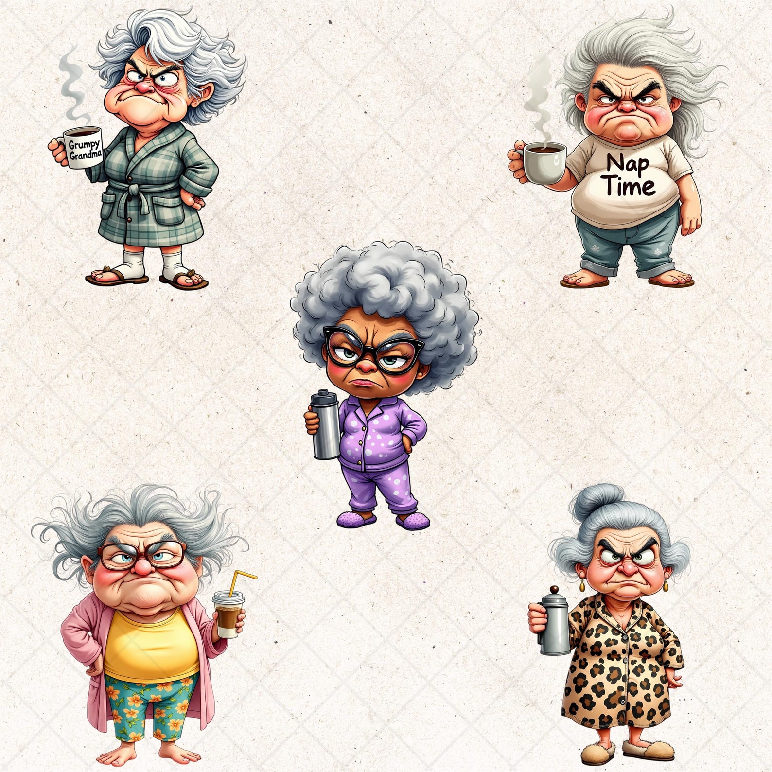 Grumpy Grandma Clipart Set, Coffee Lover PNG, Funny Old Lady Graphics ...