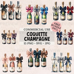 Watercolor Champagne Bottles Clipart: Coquette Bows (PNG SVG JPG) (Digital Download)