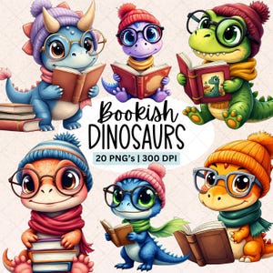 May include: A digital illustration featuring six cartoon dinosaurs, each wearing glasses, hats, and scarves, and reading books. The text "Bookish DINOSAURS" is displayed with "20 PNG's | 300 DPI" below it.