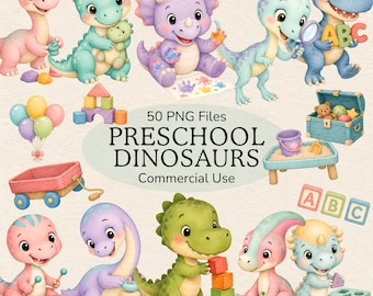 50 Preschool Dinosaur Clipart PNG Bundle, Cute Watercolor School Dinos, ABC Blocks and Classroom Activities