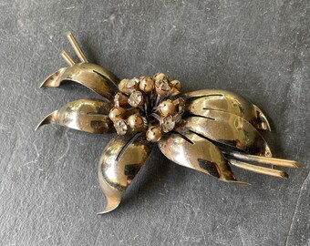NEEDS REPAIR Antike Sterling Silber Blumen Brosche Große Strass 23g Jugendstil Hand Made Sammler feinen Schmuck