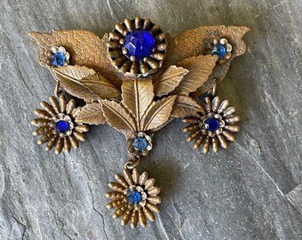 Vintage Metal Leaf Cobalt Blue Rhinestone Dangle Brooch 1940's Retro Elegant Chunky Large Leaf Floral Brass