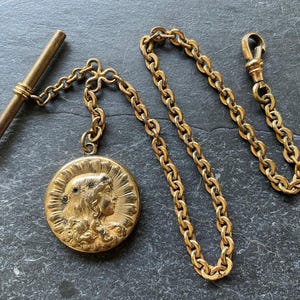 Antique Art Nouveau Girl in Flower Crown Locket Gold Filled Pocket Watch Chain Ornate Victorian Quality Old Estate Fancy