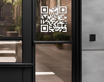 Calcomanía de vinilo con código QR. Podemos hacer el QR para usted. Disponible en todos los tamaños. Resistente a la intemperie para uso en exteriores. Gráficos para ventanas o puertas comerciales.