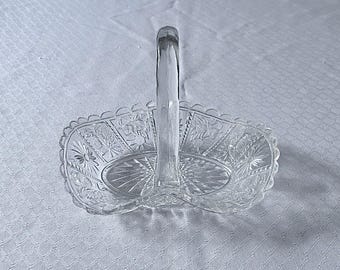 May include: A clear glass serving basket with a decorative floral pattern and a handle. The basket is designed for holding and serving small items.