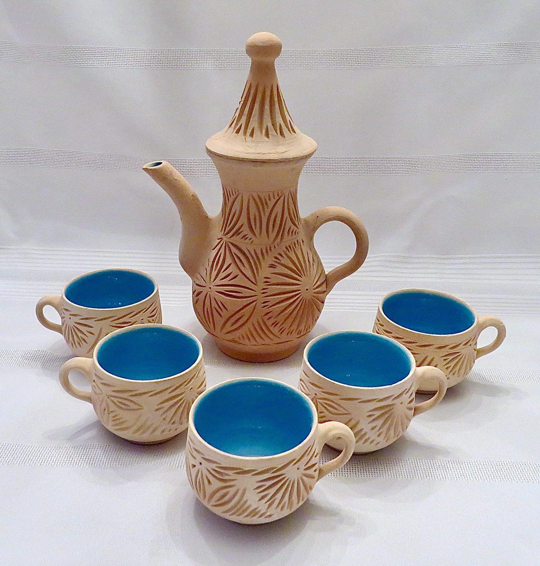 Southern Tea Set Handmade Carved Ceramic Tea Set: Southwestern Style, Blue Glaze - Etsy