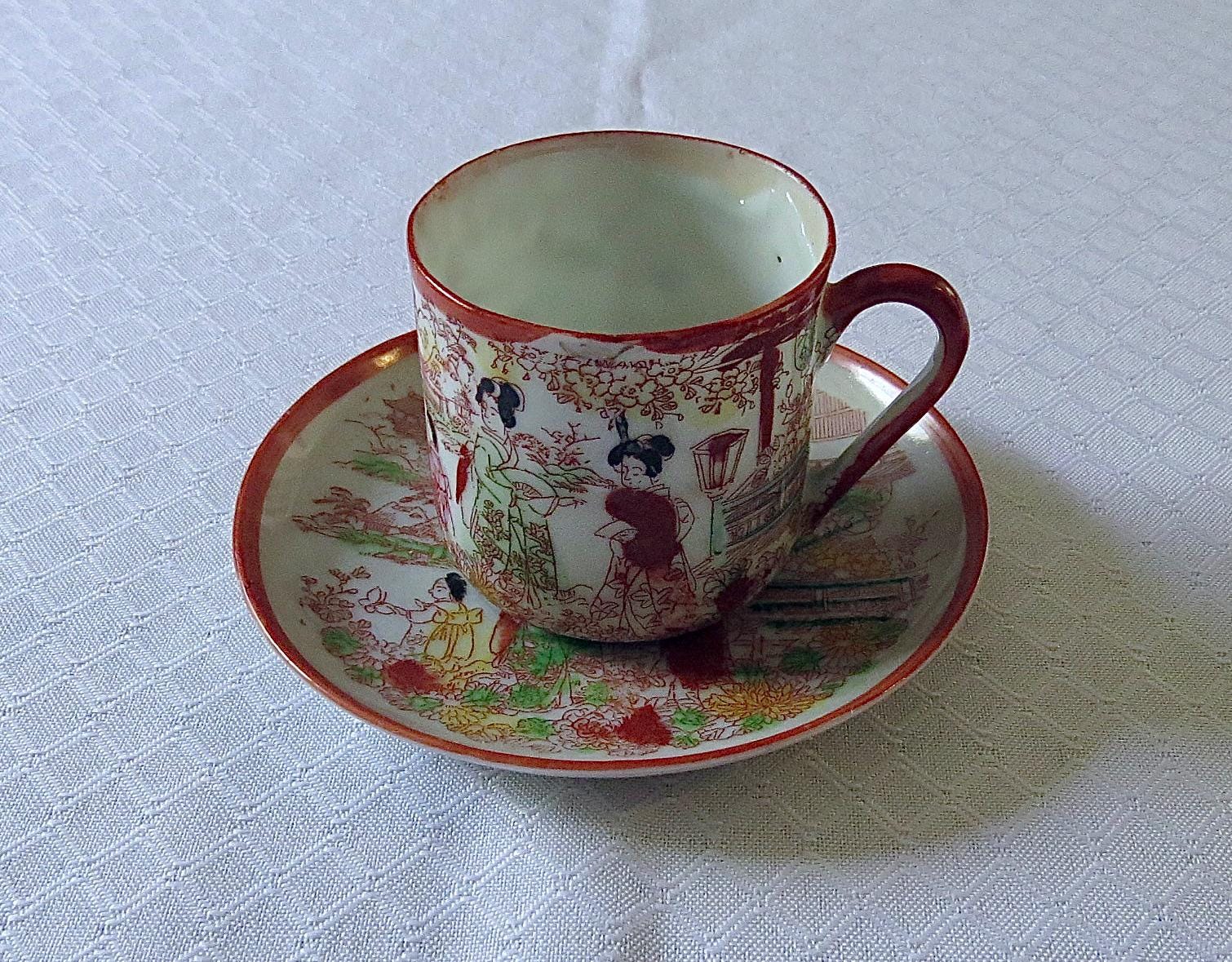 964  明治期　英国里帰り品　色絵陽刻美人富士文卵殻手　カップ＆ソーサー C373 】 美しき名品 明治期香蘭社製 英国里帰り品 染錦卵殻手