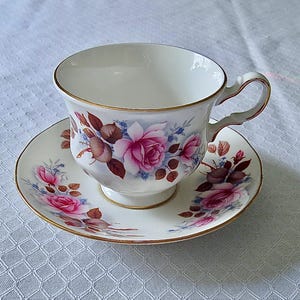 Rare Queen Anne Pink Roses and Brown Tea Cup and Saucer, Vintage, Fine Bone China, Made in England, For Tea Lovers and Collectors