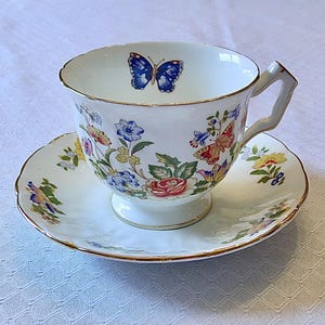 Rare and Beautiful &#39;Cottage Garden&#39; Aynsley Tea Cup and Saucer, Fine Bone China, Made in England, Beautiful Aynsley Tea Cup, Gift for Her