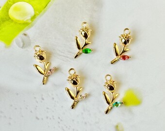 Handcrafted Jewelry Making Accessories, 14K Gold-Coated Pendants, CZ Colorful Rose Flower Charm, Findings for DIY Creations 1pc