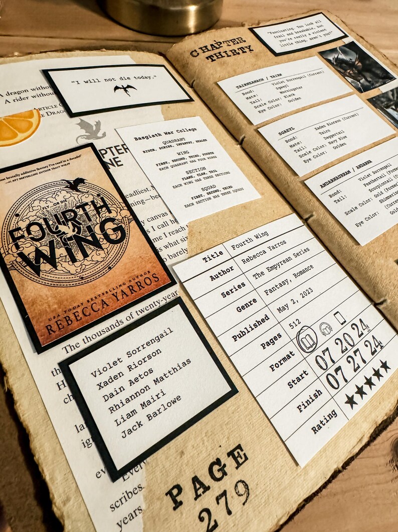 May include: A close-up of a book page with a book review and a book cover. The book cover is for "Fourth Wing" by Rebecca Yarros. The book review includes the title, author, series, genre, published date, pages, format, start date, finish date, and rating. The book review is rated 5 stars.