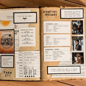 May include: A close-up of a book page with a dragon illustration and text about the book "Fourth Wing" by Rebecca Yarros. The book is part of the "Empyrean Series" and is a fantasy and romance novel. The page also includes a rating of five stars.