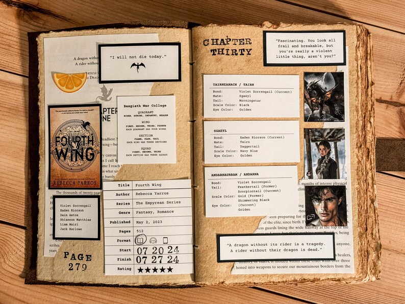 May include: A close-up of a book page with a dragon illustration and text about the book "Fourth Wing" by Rebecca Yarros. The book is part of the "Empyrean Series" and is a fantasy and romance novel. The page also includes a rating of five stars.