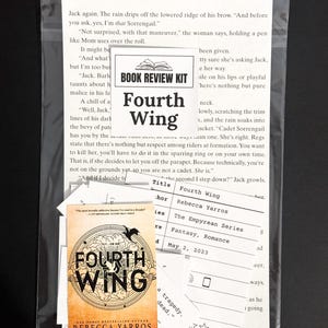 May include: A book review kit for the fantasy novel "Fourth Wing" by Rebecca Yarros. The kit includes a book cover, a title card, and a review sheet with a five-star rating system.