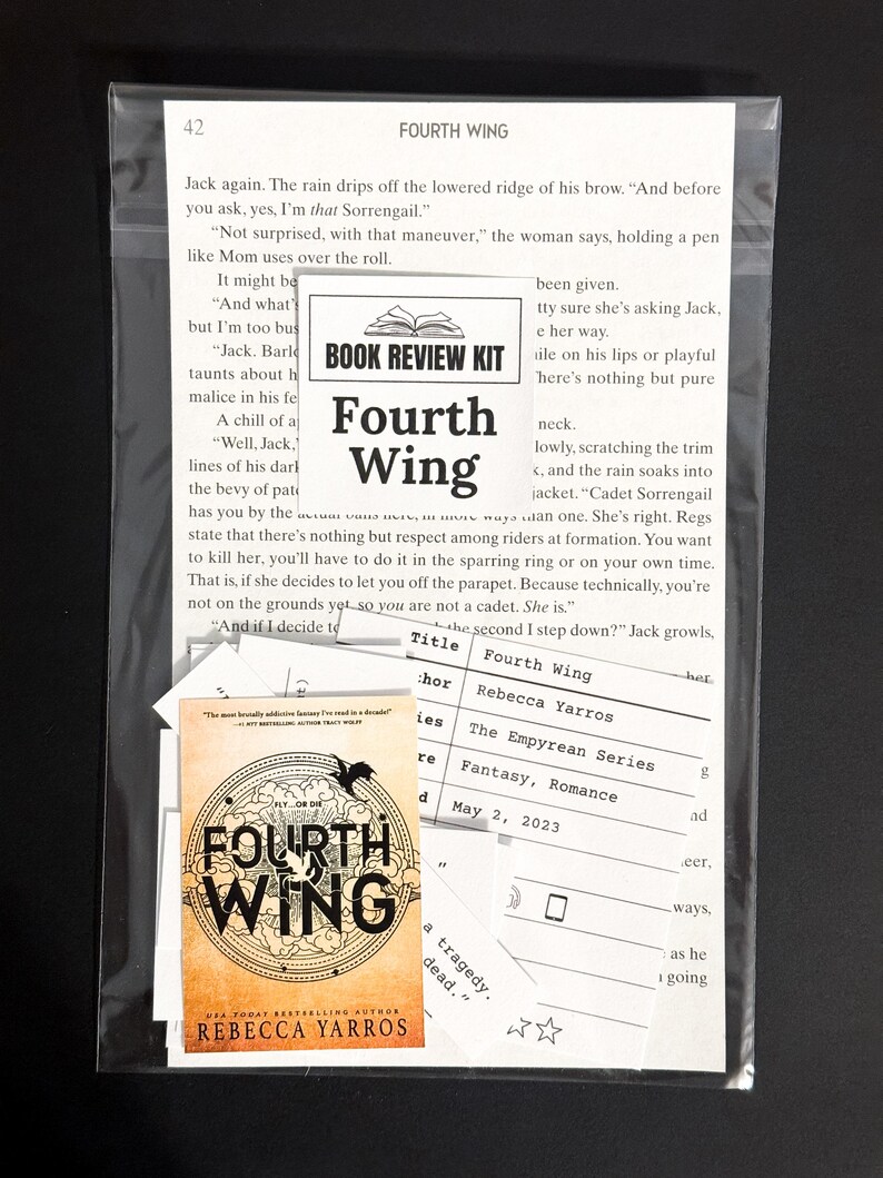 May include: A book review kit for the fantasy novel "Fourth Wing" by Rebecca Yarros. The kit includes a book cover, a title card, and a review sheet with a five-star rating system.