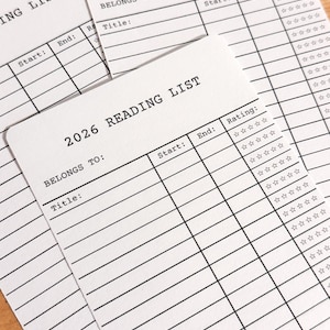 2026 Reading List Logs Set of 3 Bookmarks Reading Journal