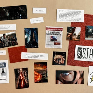 May include: A themed collage featuring imagery and text associated with The Flash. Includes character photos, a newspaper headline reading "Flash Missing Vanishes in Crisis," and the STAR Labs logo. The colour palette is red, black, and white.