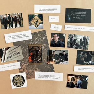 May include: A collection of images and text from the TV show "Grimm." The collage features photos of the cast, the show's logo, and various quotes. The arrangement is on a plain, neutral-toned surface.