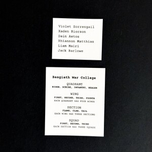 May include: A black and white image of a text document with the title "Basgiath War College". The document outlines the structure of a military unit, including the roles of each member, the different ranks, and the number of members in each rank.