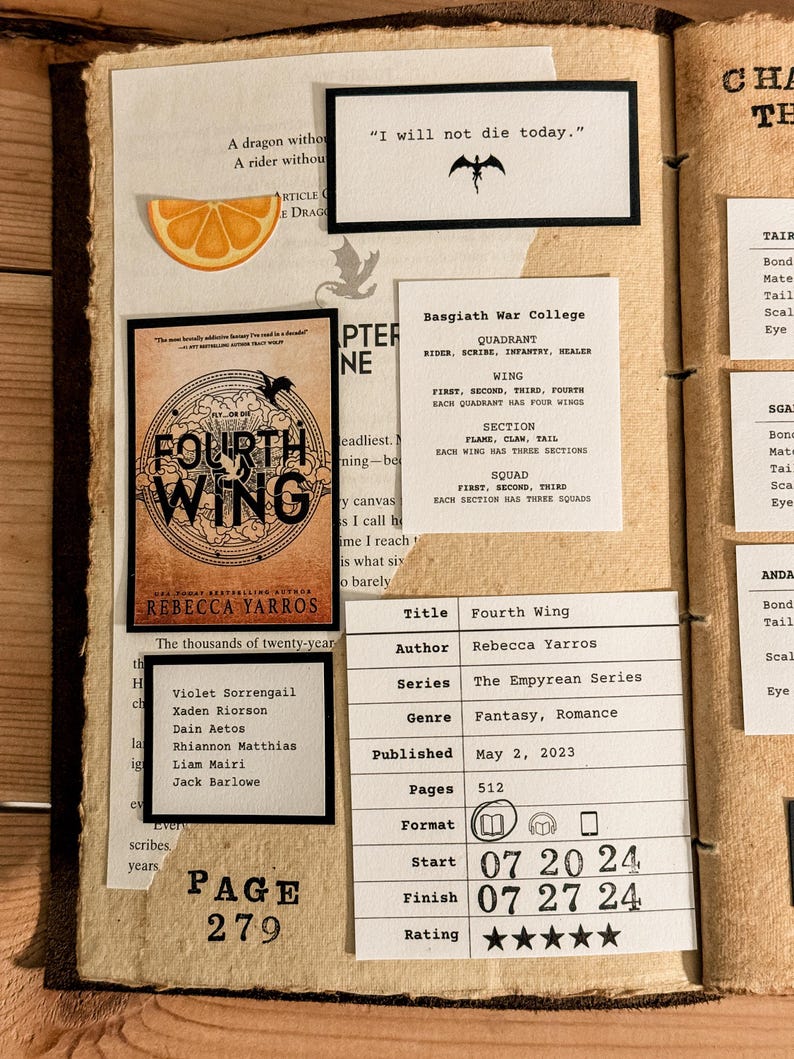 May include: A book cover for "Fourth Wing" by Rebecca Yarros, part of the "The Empyrean Series". The cover features a dragon with a fourth wing, a fantasy and romance novel published May 2, 2023. The book has 512 pages and is rated five stars.
