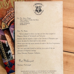 May include: A vintage-style letter from Hogwarts School of Witchcraft and Wizardry, addressed to Mr. Harry Potter. The letter features the Hogwarts crest and is next to a book titled "Harry Potter and the Sorcerer's Stone."