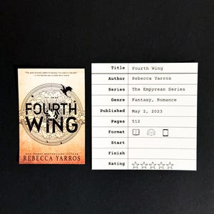 May include: A book cover for "Fourth Wing" by Rebecca Yarros, part of the "The Empyrean Series". The cover features a black and white illustration of a dragon with a red background. The book is a fantasy and romance novel, published on May 2, 2023. It has 512 pages and is available in paperback, audiobook, and ebook formats.