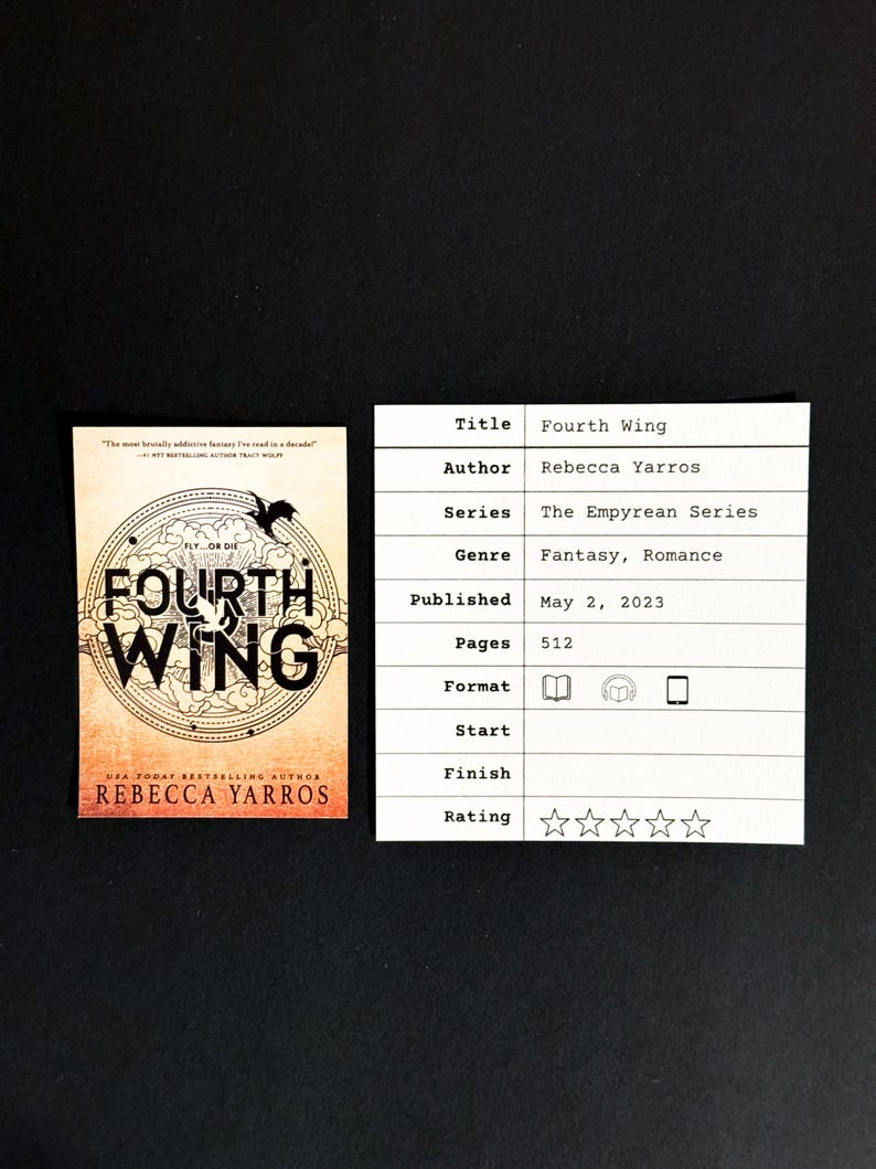 May include: A book cover for "Fourth Wing" by Rebecca Yarros, part of the "The Empyrean Series". The cover features a black and white illustration of a dragon with a red background. The book is a fantasy and romance novel, published on May 2, 2023. It has 512 pages and is available in paperback, audiobook, and ebook formats.
