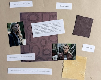 May include: A collage featuring images of a woman, text snippets, and fabric swatches. Text includes "You traded your ship for me?", "Emma Swan", "Everyone deserves their happy ending.", and a longer quote about self-identity. The collage is on a tan background.