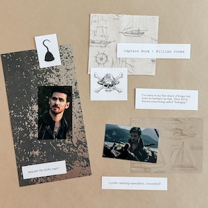 May include: A collage featuring images and text related to a pirate theme. Includes a photo of a man, a drawing of a hook, a skull and crossbones, and text that reads "Captain Hook | Killian Jones" and "Behold! The Rolly Joger!"