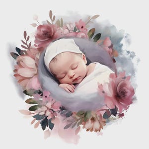 Bundle de cliparts aquarelle bébé fille – 10 fichiers JPG – art floral nouveau-né – portraits de bébé pastel doux – téléchargement immédiat des graphiques pour chambre d'enfant