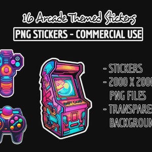 Lot d'autocollants d'arcade au format PNG | Stickers gaming néon | Clipart joueur | Pack d'autocollants pour jeux vidéo | Utilisation commerciale | Décalcomanies pour ordinateur portable et console