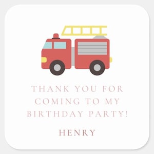 Stickers camion de pompier personnalisés - Stickers de remerciement personnalisés pour fête d'anniversaire de garçons - Lot de 12 ou 24