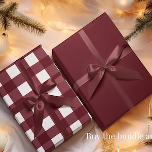 Pacchetto di carta da regalo per le feste in Borgogna - Classico ed elegante rosso scuro e bordeaux a quadretti natalizi - Set totale di 2 rotoli di carta da regalo