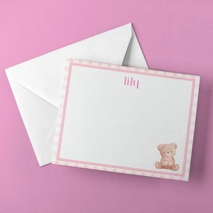 Biglietti di cancelleria personalizzati con buste / Biglietti di auguri personalizzati con orsetto e fiocchi acquerello per bambine a quadretti rosa, biglietti di ringraziamento per regali per neonati