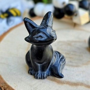 Obsidian fox figurine polished crystal animal