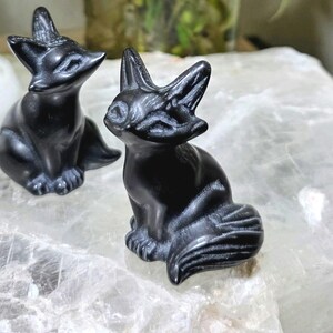 Black obsidian fox crystal carving protection totem