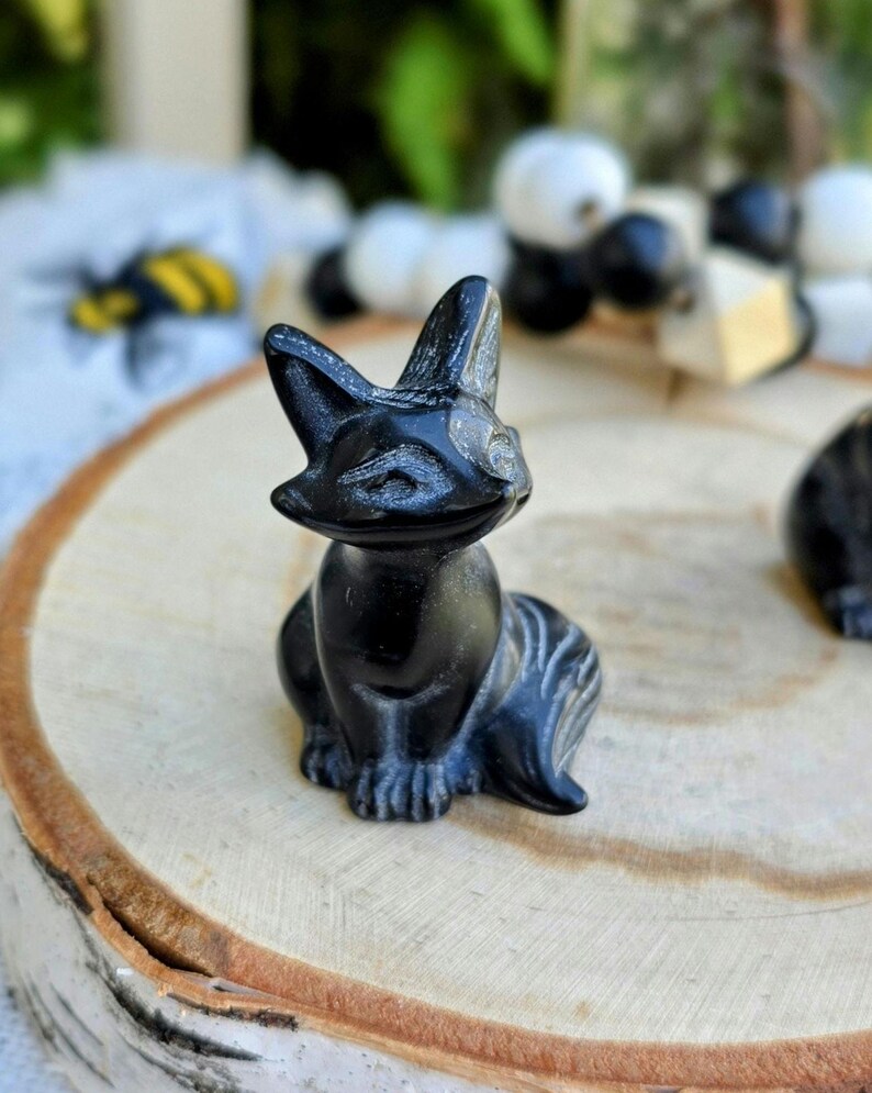 Obsidian fox figurine polished crystal animal