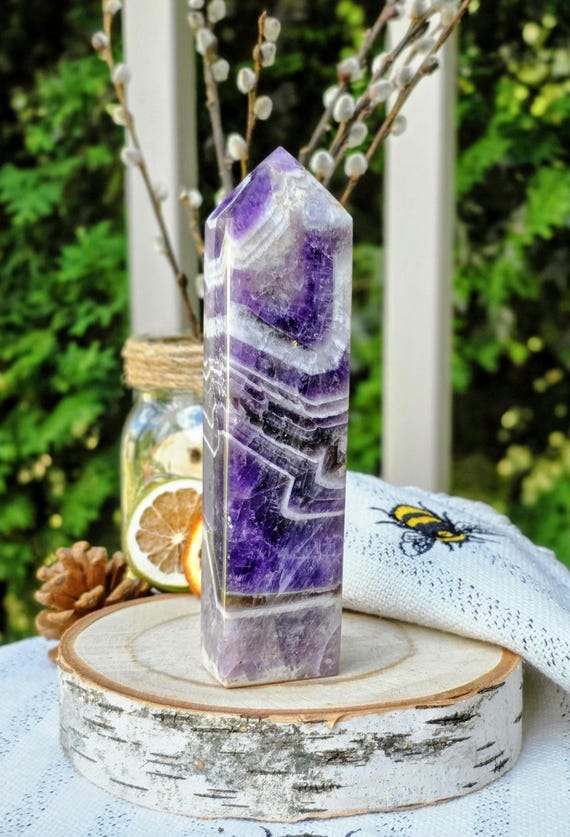Chevron Amethyst Tower, Rainbow Inclusion Crystal, Spiritual Décor