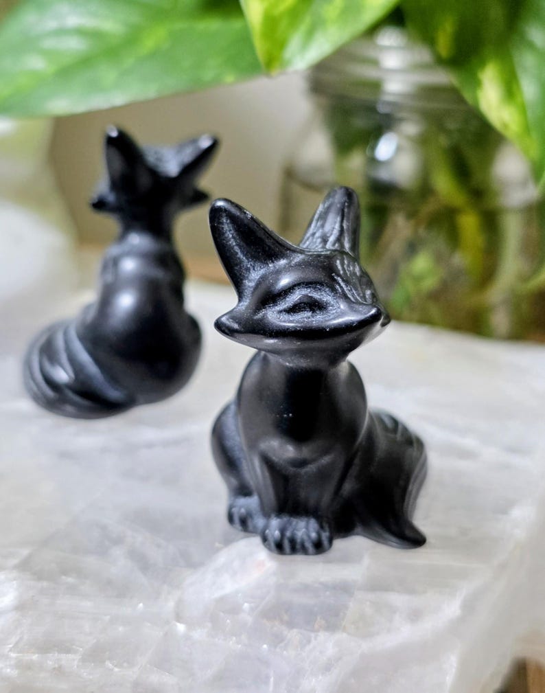 Obsidian fox figurine polished crystal animal