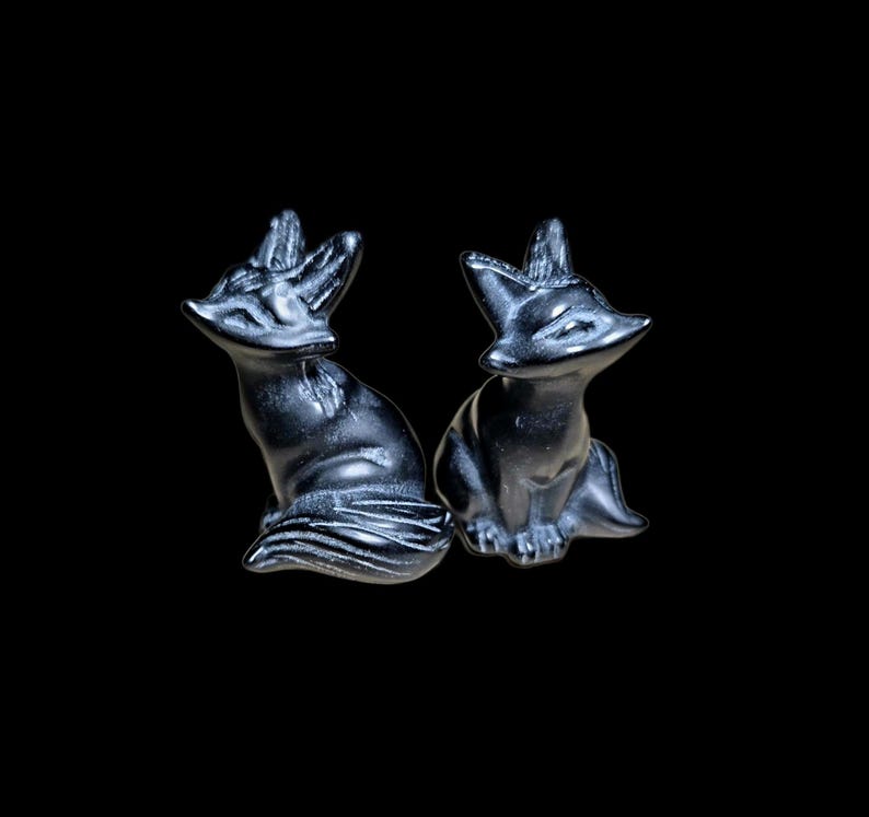 Black obsidian fox crystal carving protection totem