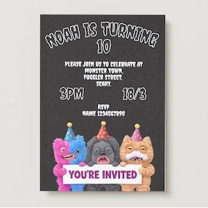 Monster themed children’s party Fuggler inspired party invitation printable download