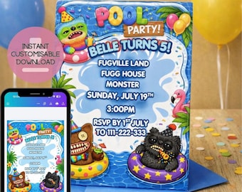 Fuggly Monster Pool Birthday Party Invitation: Kids Birthday (Digital Download)