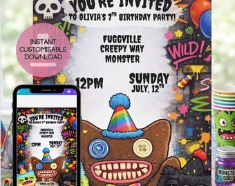 Fuggly Monster Personalised Graffiti Party Invitation: Kids Birthday Party invite (Digital Download)