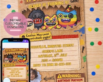Fuggly Monster Button Eyes Party Invitation: Kids Birthday Party invite Personalized Photo (Digital Download)