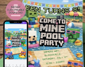 Mine Block Birthday Party Gamer Invitation: Kids Birthday Personalised Invite Editable Personalised (Digital Download)