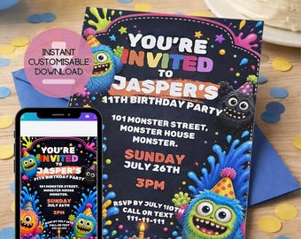 Monster Birthday Party Invitation: Personalized Kids Monster Theme (Digital Download)