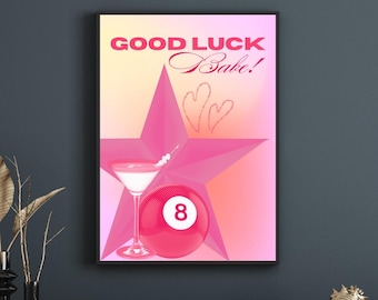¡Buena suerte, nena! Chappell Roan, Martini Eight Ball, Estrella, Corazones, Rosa degradado, Coqueta, Tendencia, Estética Y2K, Decoración del hogar, Arte mural digital
