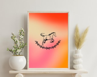 Póster de arte de pared con degradado rosa y naranja, estilo tradicional americano, vaquero, caballo del oeste, alambre de púas, atrevido, retro, vintage, grunge, tatuaje