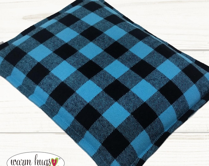 Microwave Flannel 9 x 11 Corn Heating Pad Blue Black Check, Warm Hugs, Relaxation Therapy, Muscle Pain Relief, Bed Foot Warmer