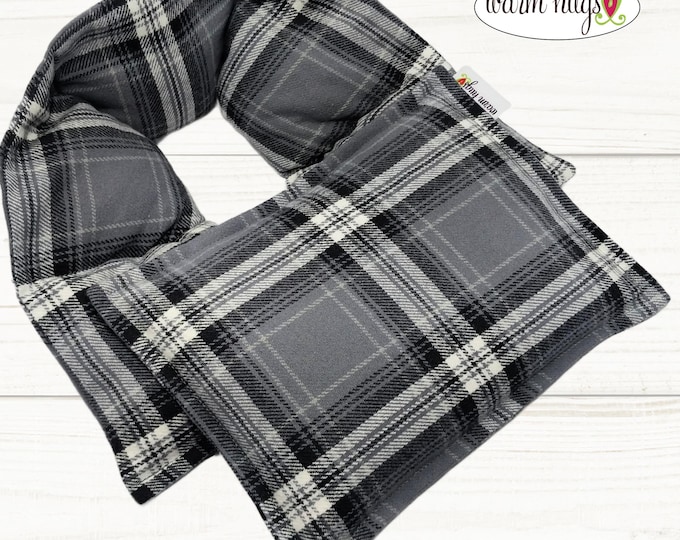 Microwave Flannel Corn Heating Pad Set, Neck Wrap 5x24 + Small Bag 7x10, Relaxation Heat Packs, Stress Neck Pain, Gray Plaid